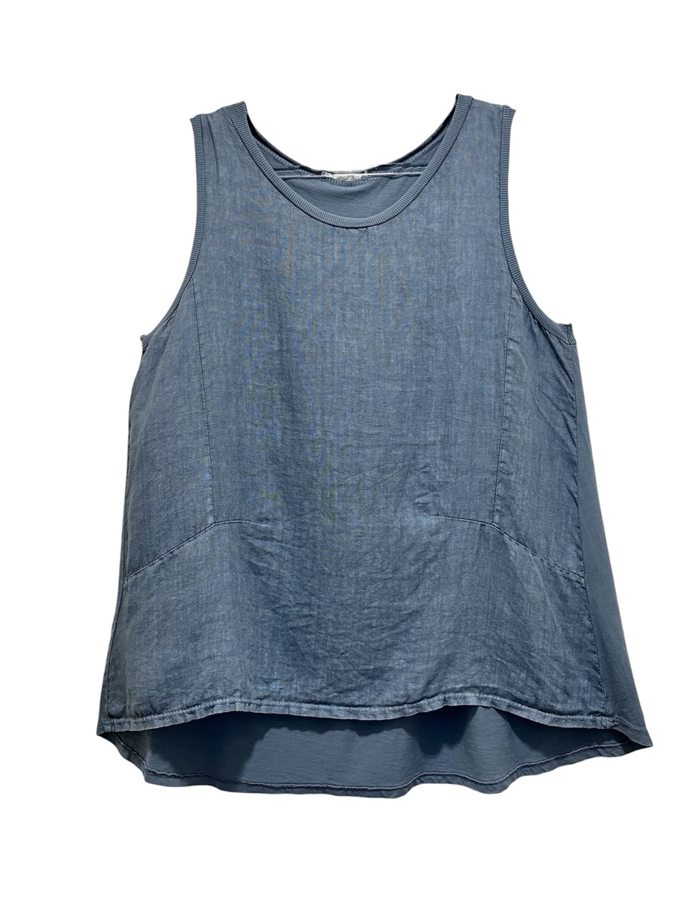 Blue Chambray Cotton Mixed Media Tank Top High Low Lagenlook Tunic Tank Sz XL